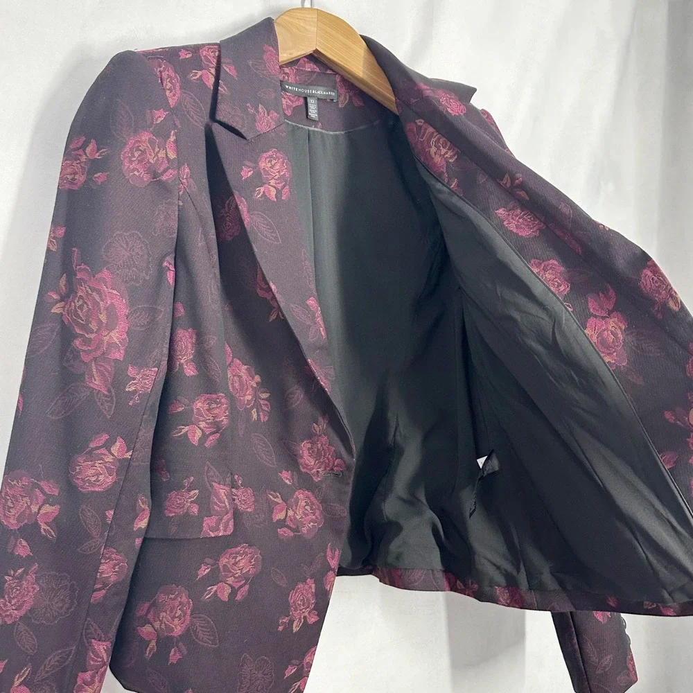WHBM Burgundy Floral Rose Single Button Blazer Women's Size 12 gold crest button - Picture 5 of 14